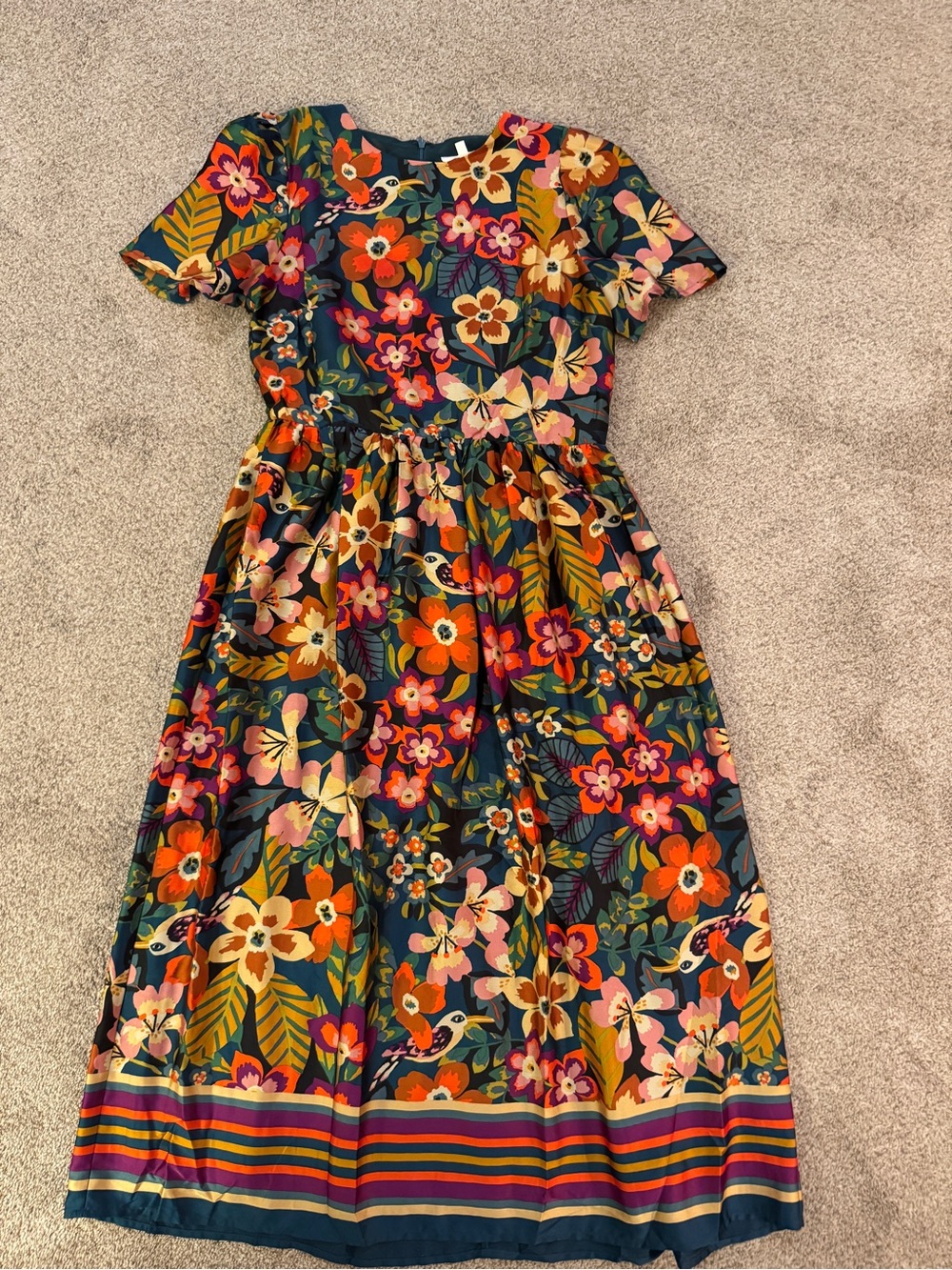 Bohme bright and fun floral bird print midi dress size M short sleeve